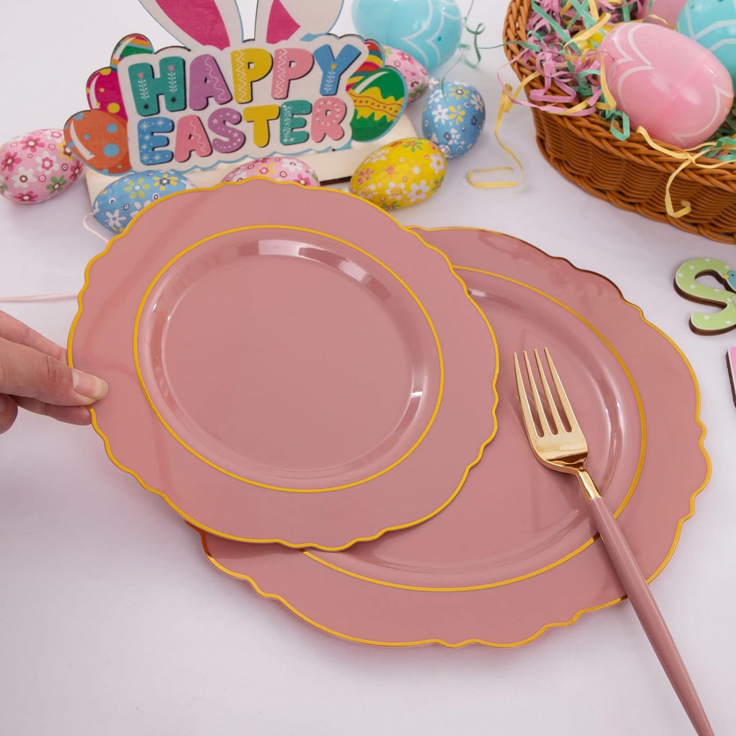 Nervure 100Pcs Mauve Pink Plastic Plates - Mauve and Gold Plastic Dinnerware Sets for 20 Guests - 20 Dinner Plates, 20 Dessert Plates, 20 Forks, 20 Knives and 20 Spoons for Wedding & Party