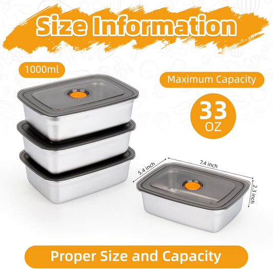 4 PCS Stainless Steel Food Storage Containers(33oz) with Lids Leak Proof & Airtight | Stainless steel freezer Containers,Airtight Bento Lunch Box,For Meal Prep,Fruit,Snack,Freezer