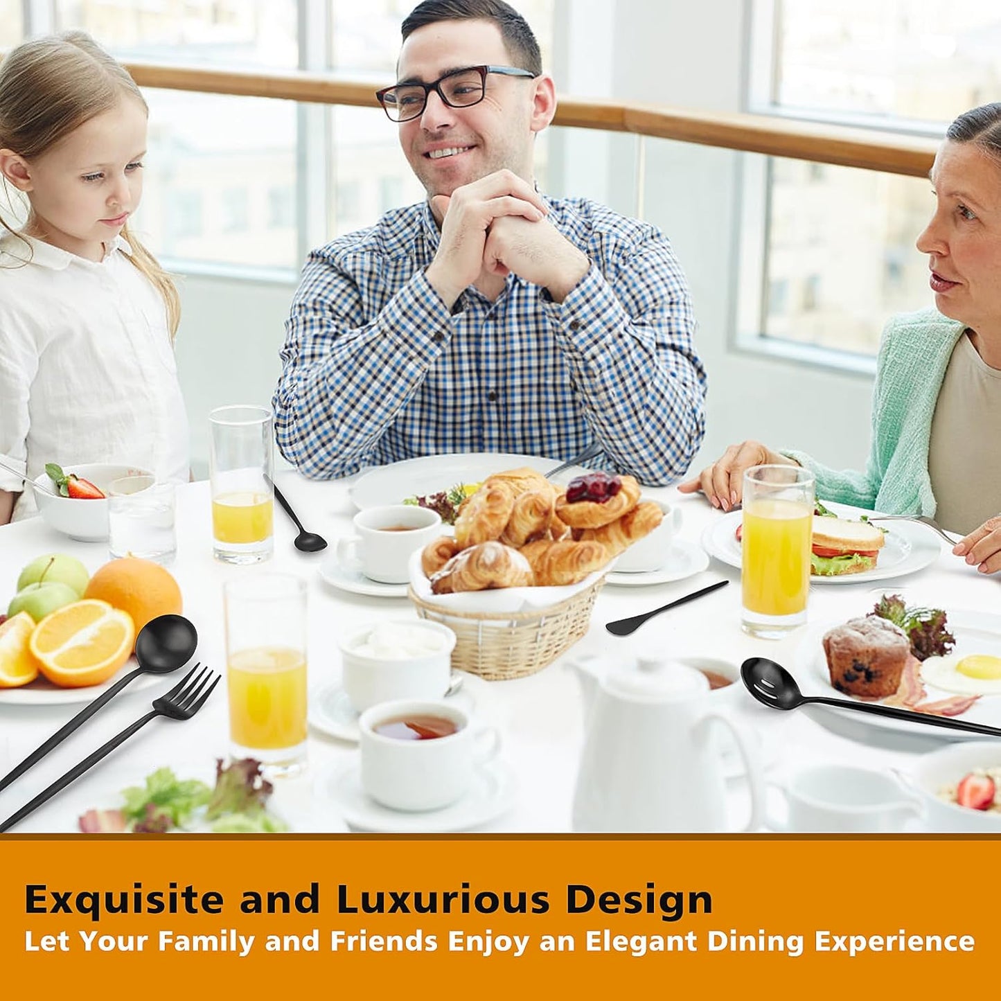 Matte Black Serving Set,Oliviola 5-Piece Stainless Steel Large Hostess Set with Round Edge, Satin Finished, Dishwasher Safe -Large Spoon, Large Fork,Butter Knife,Sugar Spoon & Slotted Spoon