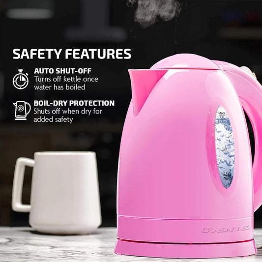 OVENTE Electric Kettle, 1.7L Fast Boiling Water Heater for Coffee or Tea, BPA Free with Water Level Gauge, Auto Shut-Off, Boil-Dry Protection, Indicator Light and Removable Filter, Pink KP72P