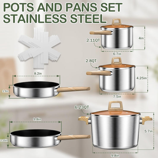 Stainless Steel Cookware Set 13PCS, Pots and Pans Set, Induction Cookware, Kitchen Cooking Set, Heavy Duty, Tri-Ply Base, Dishwasher Safe