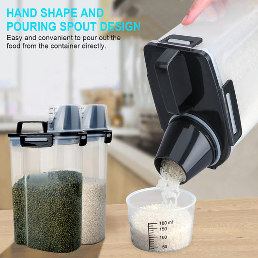 Rice Airtight Dry Food Storage Containers, BPA Free Plastic Storage Bin Dispenser with Pourable Spout, Measuring cup for Cereal, Flour and Baking Supplies, Include a Stainless Steel Whisk