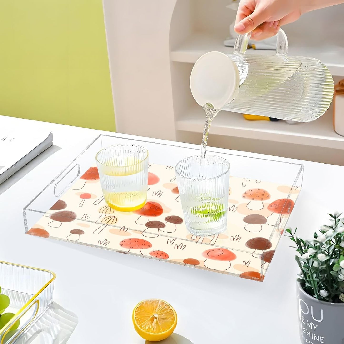 Acrylic Serving Tray with Handles Spill Proof Kitchen Storage Tray Clear Decorative Tray Makeup Drawer Organizer Storage Tray for Bathroom Living Room Ottoman 15.7x11.8Inches