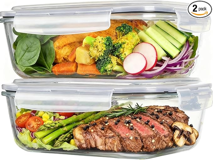 2 Pack 63oz Large Glass Storage Containers with Lids Big Airtight Glass Food Storage Containers for Storing food, vegetables or fruits, BPA Free, Freezer Dishwasher Oven Safe (dark gray)