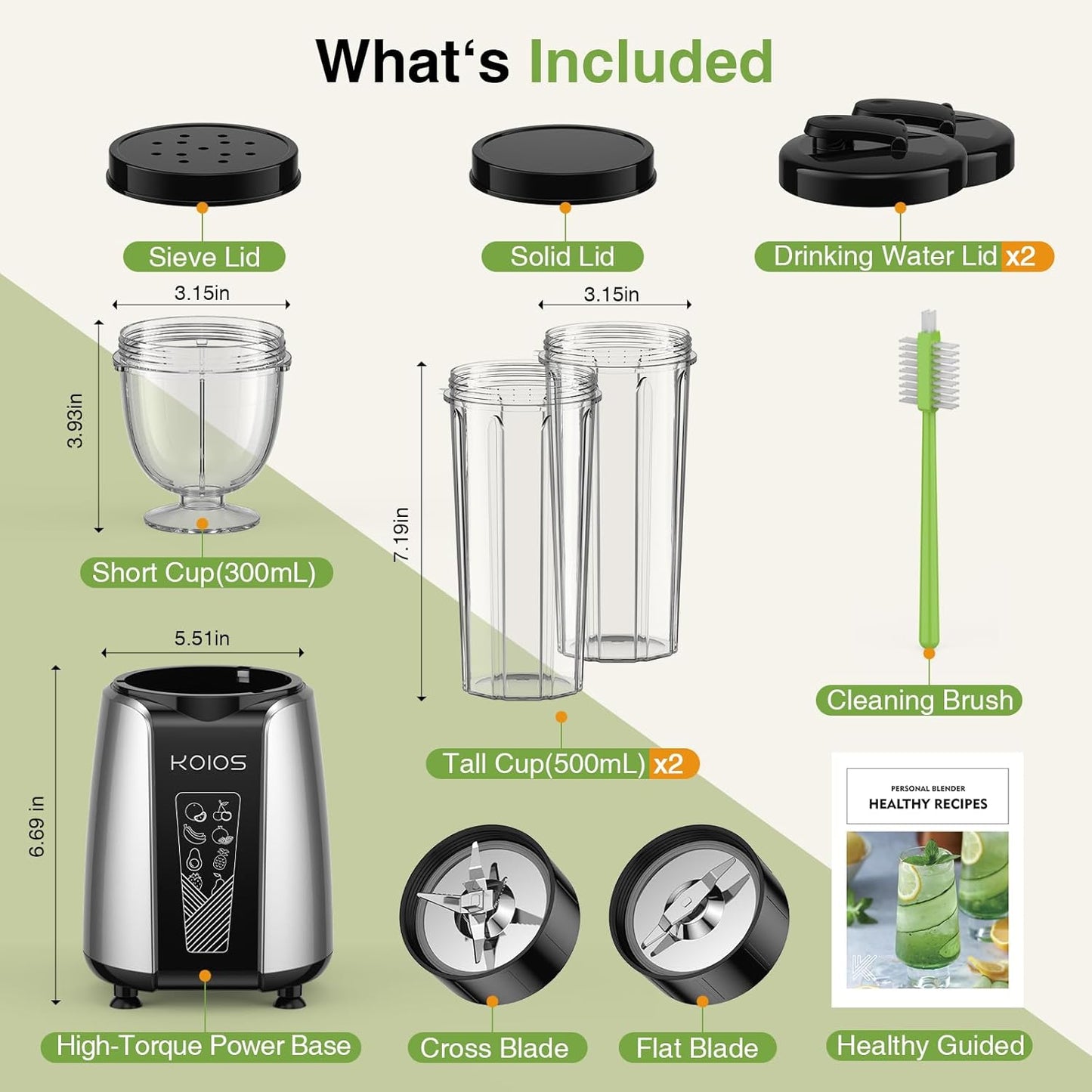 KOIOS Smoothie Blender, Max 1000w Personal Blender for Shakes and Smoothies, 12Pcs Coffee Grinder and Countertop Blenders Combo for Kitchen, Portable Smoothie Blenders with 2x22 oz To-Go Cups, Non-BPA