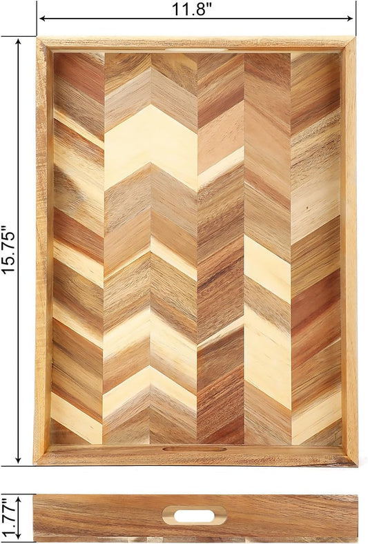 Acacia Wood Serving Tray with Handles,15.7x11.8 in Colorful Wooden Serving Tray Ottoman Tray Decorative Serving Trays Platter for Breakfast in Bed, Great for Lap &Couch