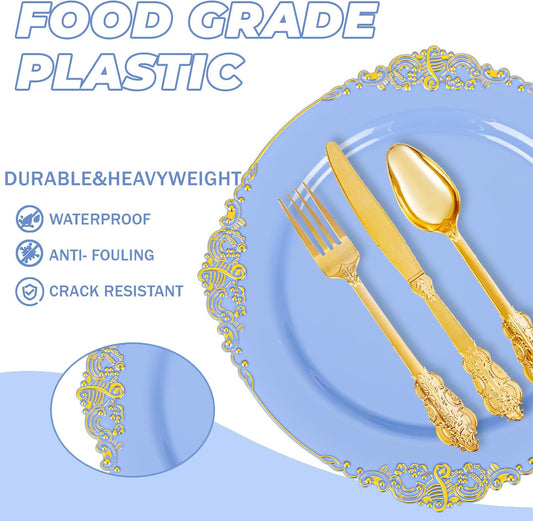 125PCS Blue and Gold Plastic Plates - Airy Blue Disposable Plate - Gorgeous Plates with Gold Plastic Silverware Sets for 25 Guests for Party & Wedding & Spring