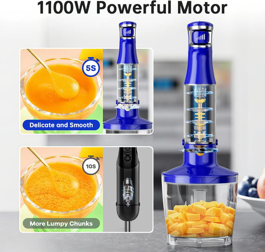 Immersion Blender Handheld Corded Hand Blenders Set 1100W, Trigger Variable Speed 5 in 1 Stick Emulsifier with Chopper, Whisk and Frother for Soup, Baby Food and Smoothies, Royal Blue