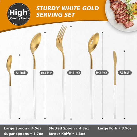 Matte Whitegold Serving Set,Oliviola 5-Piece Stainless Steel Large Hostess Set with Round Edge, Satin Finished, Dishwasher Safe -Large Spoon, Large Fork,Butter Knife,Sugar Spoon & Slotted Spoon
