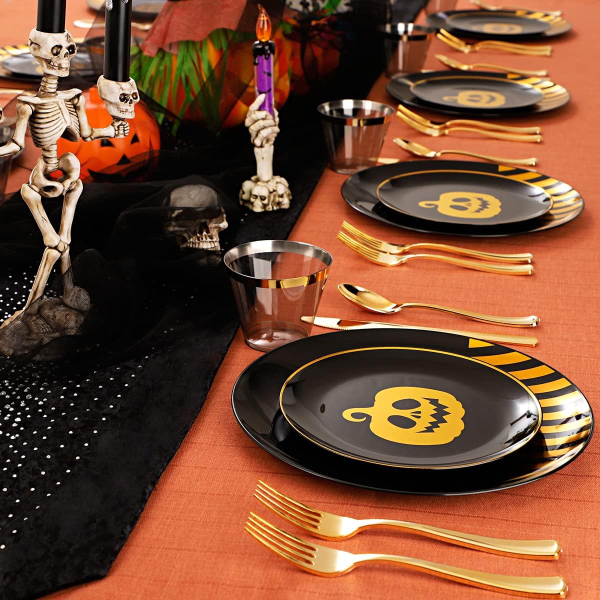 KIRE 25 Guest Halloween Plates Black Gold Plastic Plates Smiley Pumpkin include 50PCS Black &150PCS Gold Plastic Silverware&25PCS Clear Black Cups for Halloween Party