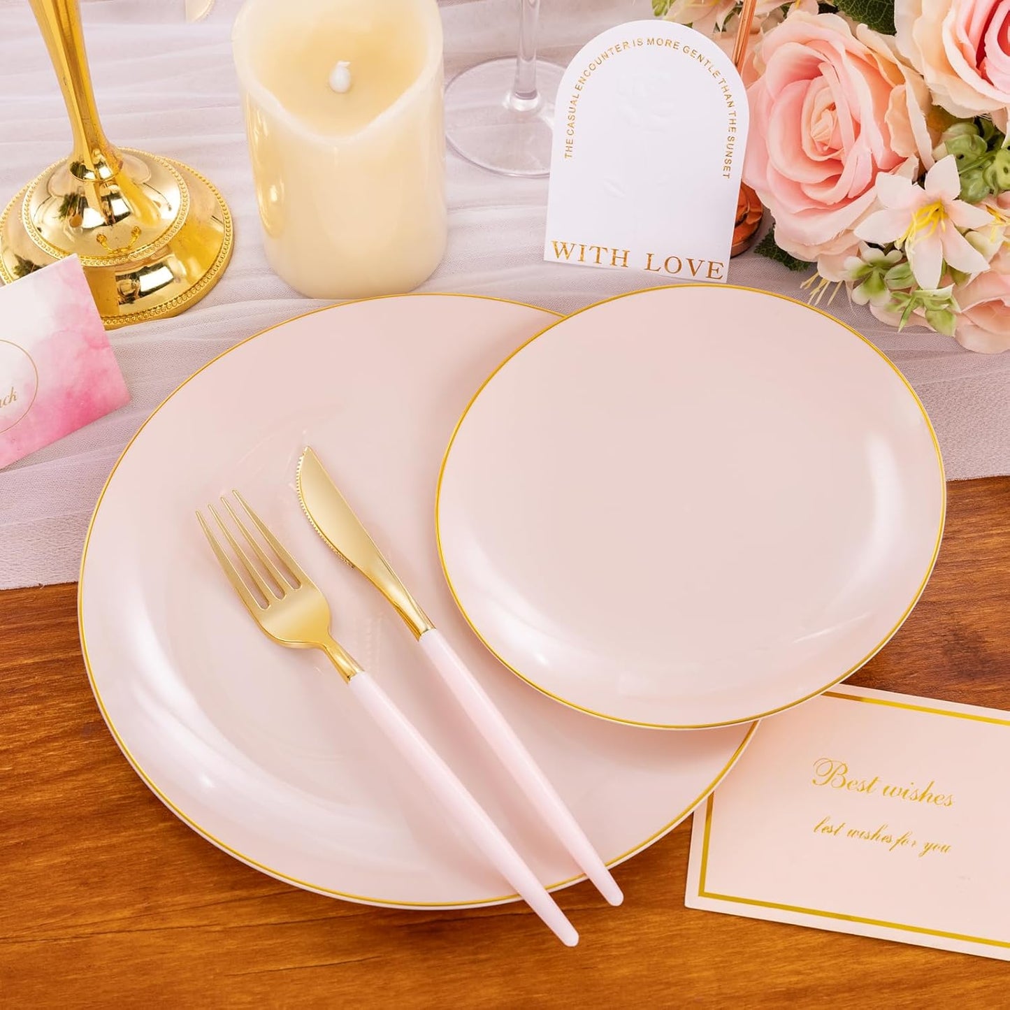 Liacere 150PCS Plastic Plates-Gold Plastic Silverware with Pink Handle - Pink Disposable Plates Include 30 Guests Plates, Forks, Spoons, Knives for Wedding & Easter Day &Mother's Day