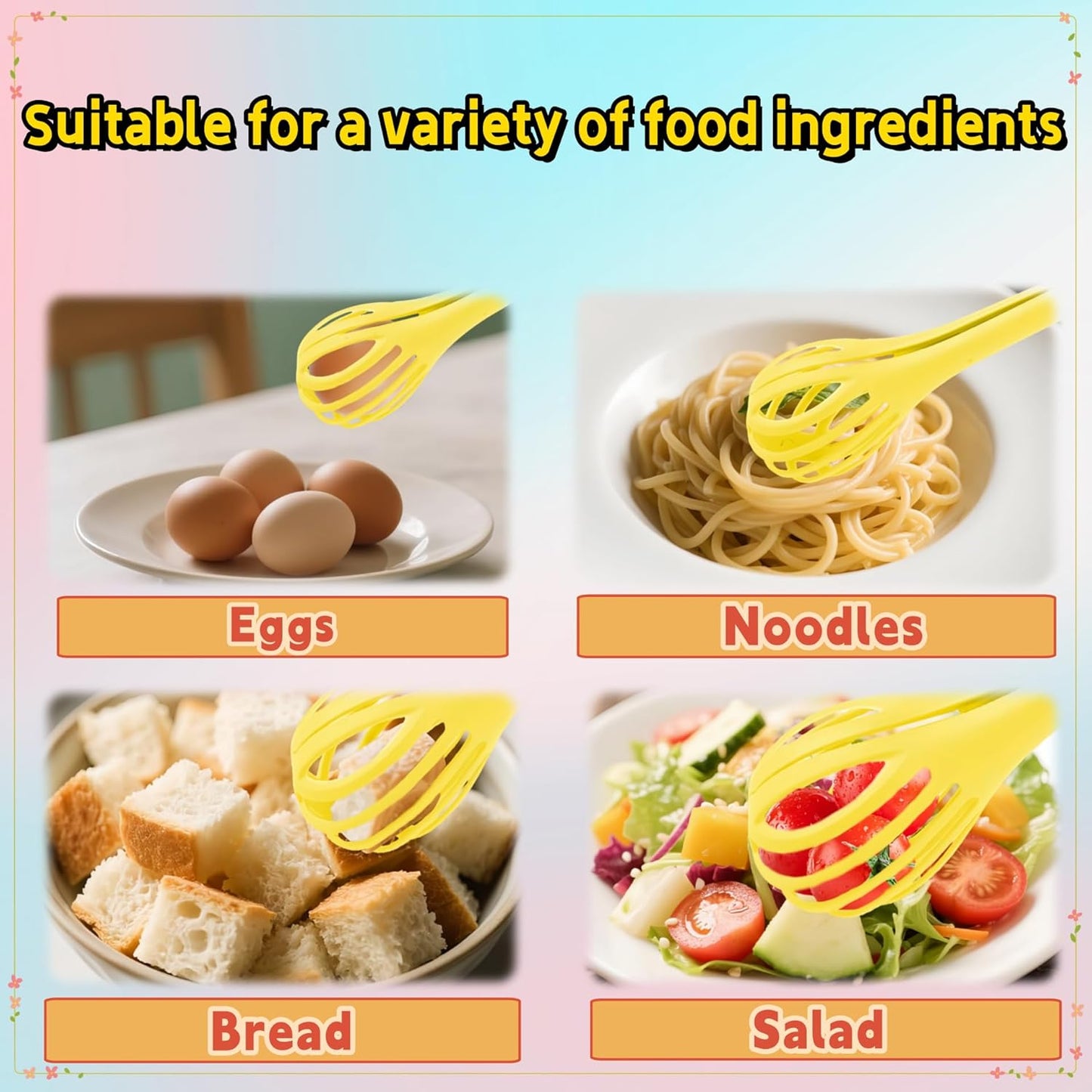 2-in-1 Egg Beater Whisk & Food Tongs, Multifunctional Kitchen Tool, Manual Egg Whisker for Cooking, Baking, Mixing Milk, Salad, Cream & Gripping Bread and Pasta(Yellow)