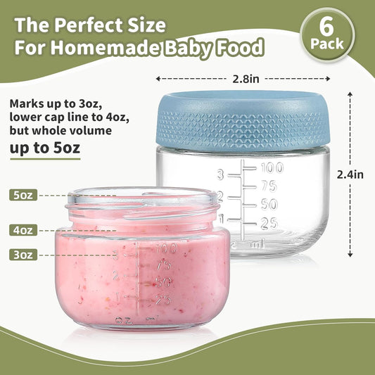NETANY 6 Pack 4 oz Glass Baby jars with Airtight Lids, Glass Baby Food Storage Containers,Overnight Oats Containers with Lids | Microwave, Dishwasher & Freezer Safe | Includes 10 Labels