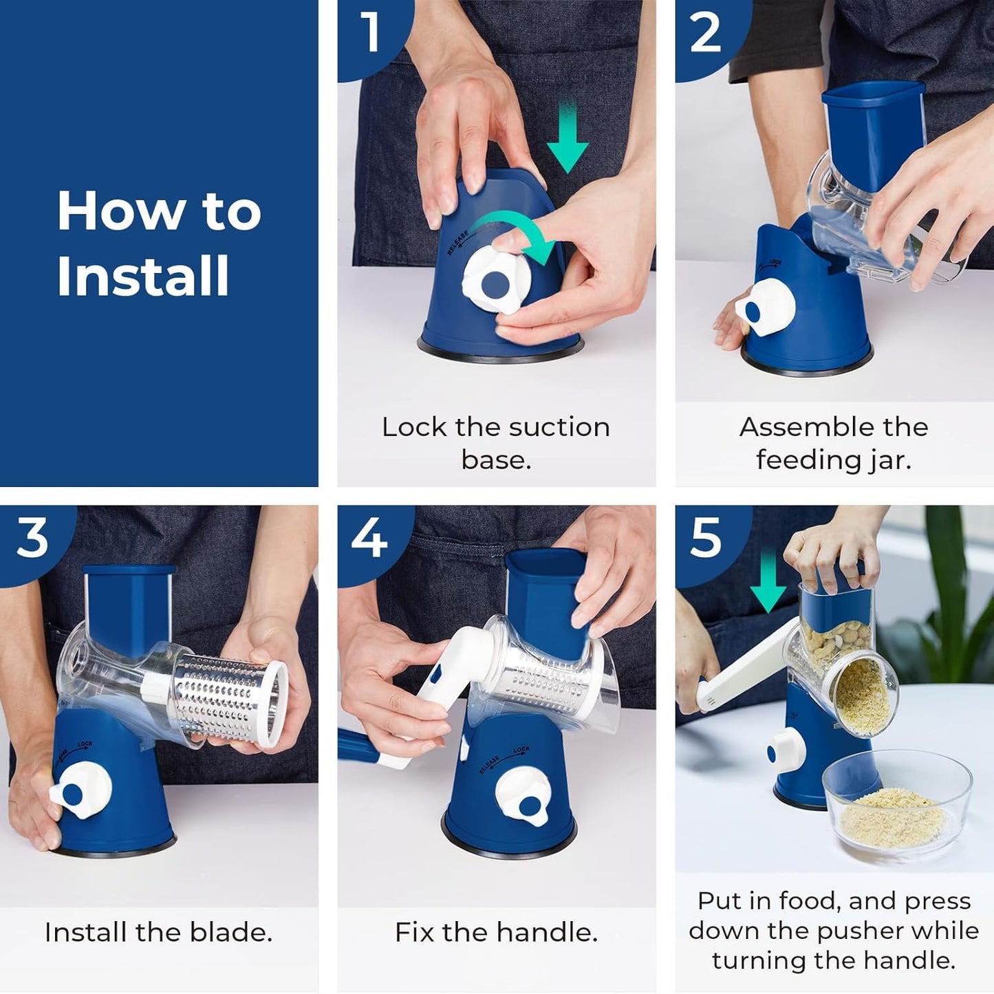 X Home Rotary Cheese Grater for Kitchen, Shredder with 3 Interchangeable Blades, Rotary Grater with Handle and Strong Suction Base, for Vegetables, Fruit, Nuts, Easy to Use and Clean, Dark Blue