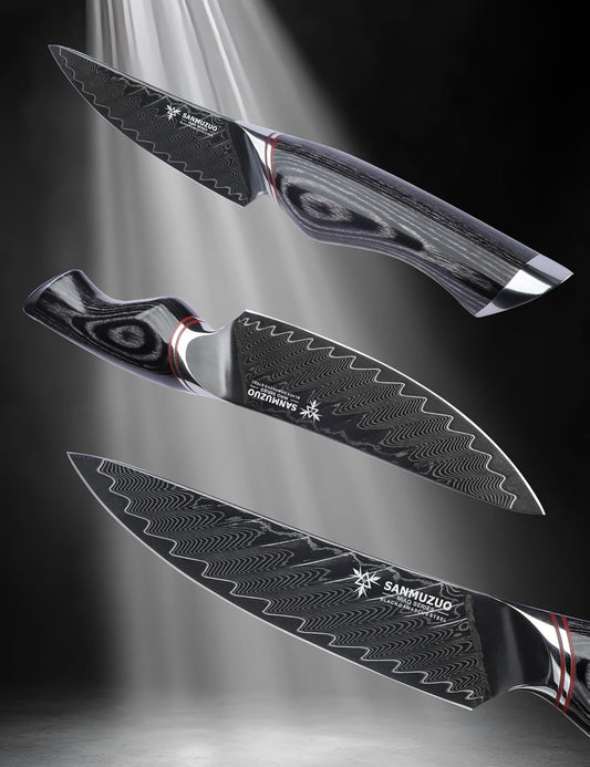 5 Inch Utility Knife - Fruit and Vegetable Knives, Black Damascus Steel with Ergonomic Handle - MIAO Series