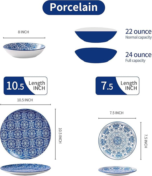 Bestone Porcelain Dinnerware Sets Service for 4, 12 pcs Hand drawn Plates and Bowls Sets, Handmade Ceramic Dish Set, Chip Resistant Modern Plate Set, Dishwasher/Microwave Safe,Vintage Blue