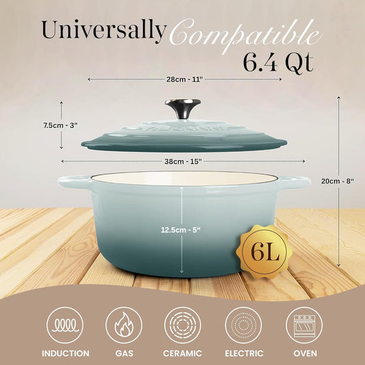 Nuovva Enamelled Cast Iron Dutch Oven Pot with Lid 6.4 Quart Non Stick Casserole Pot – Heavy Duty & Oven Safe up to 500° F for Bread Baking, Braising, Stews, Roasting – 28cm Sea Salt