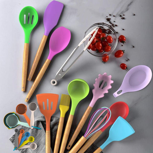 Umite Chef Kitchen Cooking Utensils Set, 33 pcs Non-stick Silicone Cooking Kitchen Utensils Spatula Set with Holder, Wooden Handle Silicone Kitchen Gadgets Utensil Set (Colorful)