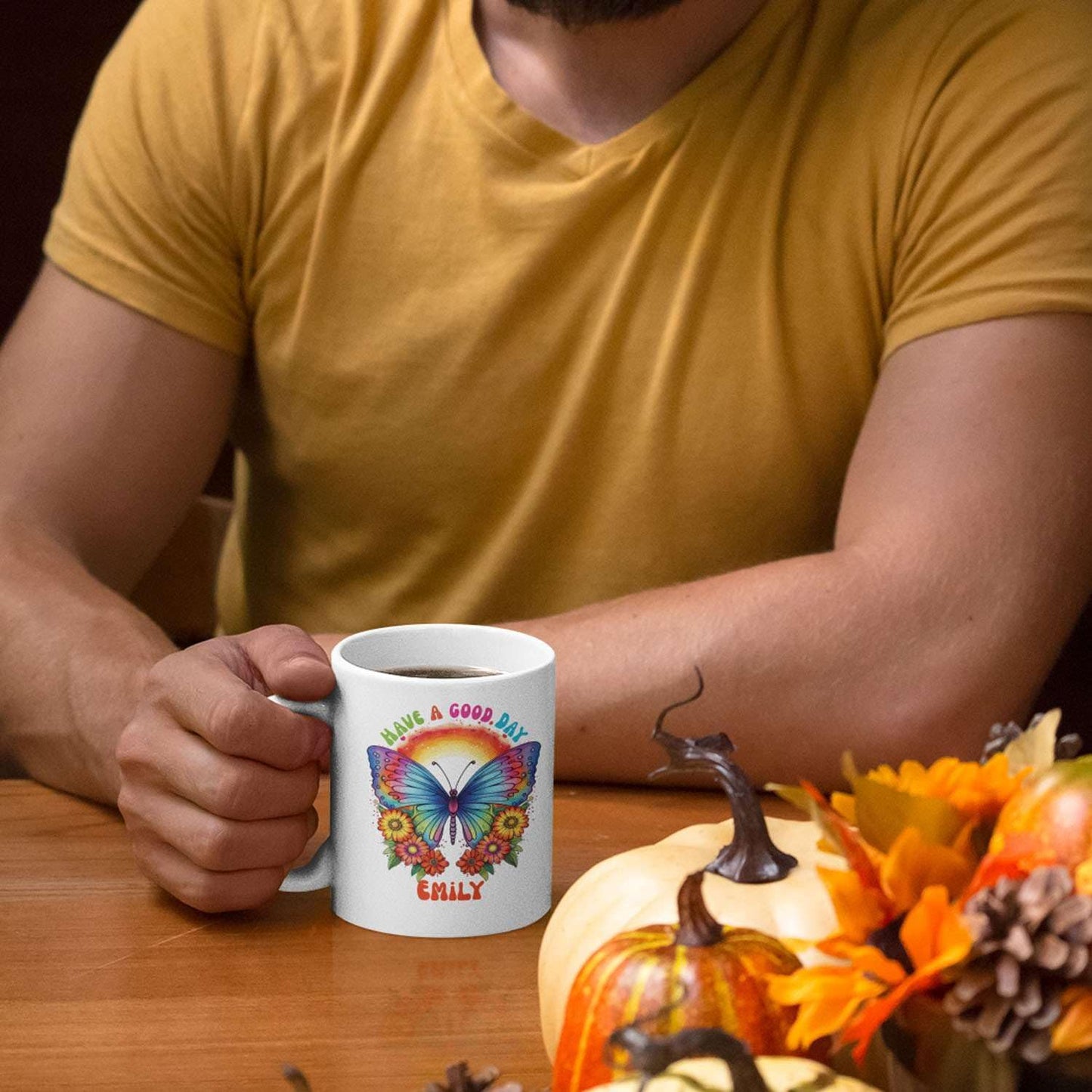 Colorful Butterfly Customized With Have A Good Day Travel Cup, Custom White Ceramic Coffee Mug Gifts For Animal Lovers, Personalized Name Thoughtful Gifts Mug For Kids On Birthday