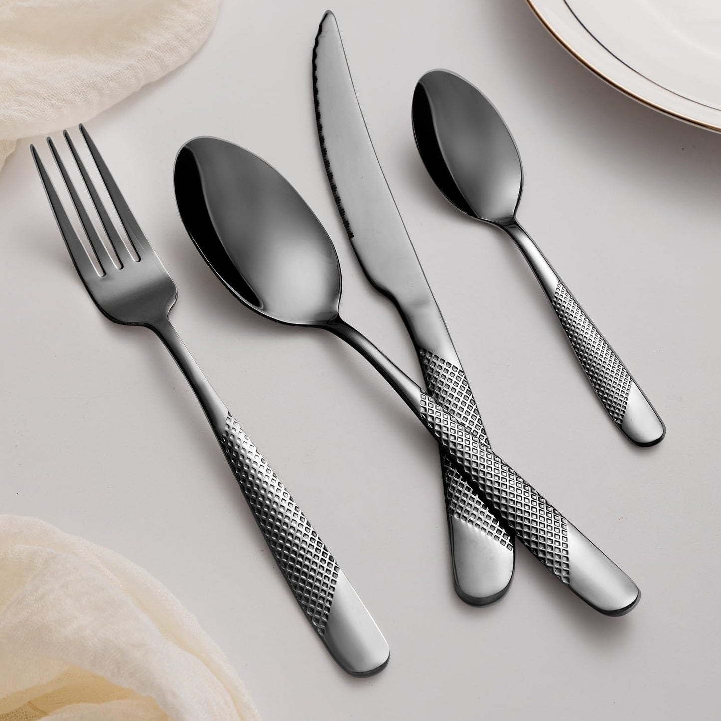 24-Piece Black Hammered Silverware Set, Food-Grade Stainless Steel Flatware Service for 6, Modern Cutlery Utensil Set with Forks Knives Spoons, Mirror Polished, Dishwasher Safe for Home Kitchen Dining