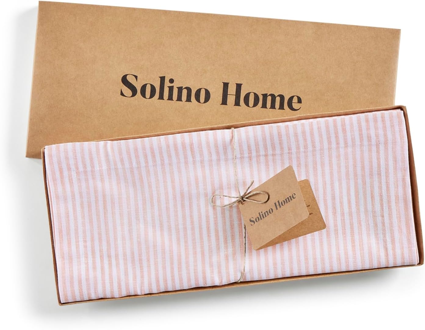 Solino Home Linen Table Runner 48 Inches - Narrow Stripe 100% Pure Linen Peach and White Farmhouse Table Runner 14 x 48 Inch Ideal for Dresser and Coffee Tables
