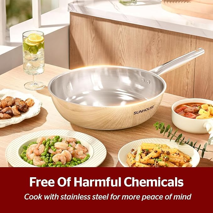 SUNHOUSE 10 Inch Tri-Ply Stainless Steel Frying Pan, Whole-Clad No Coatings Skillet with Stay-cool Handle for Cooking, Durable & Oven Safe to 500°F, Dishwasher Safe, Compatible with All Cooktops