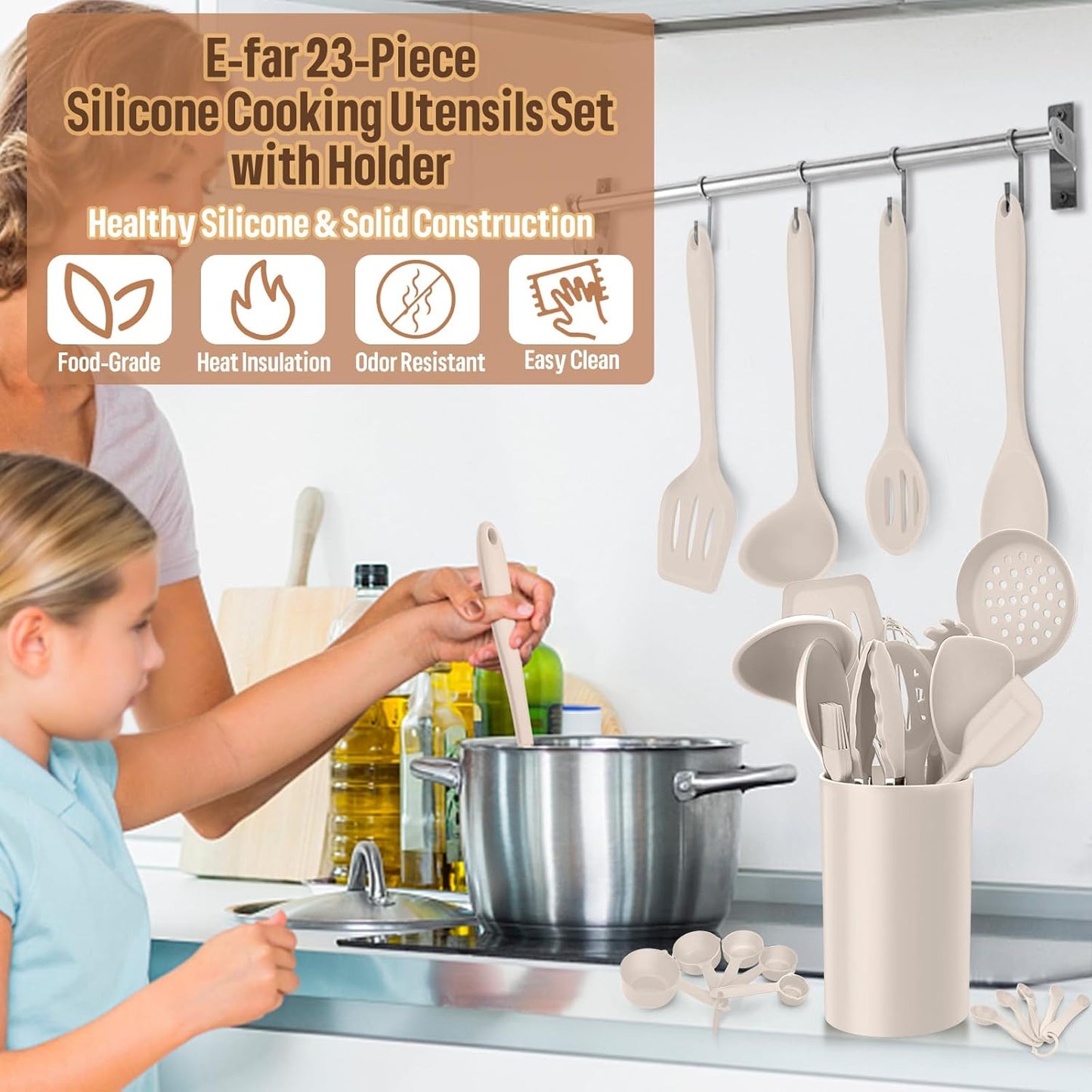 Silicone Kitchen Utensils Set, E-far 23 Pcs Khaki Cooking Utensils Tools with Holder for Nonstick Cookware, Include Spatula/Spoon/Ladle/Tongs/Turner, Heat Resistant & Nontoxic, Dishwasher Safe