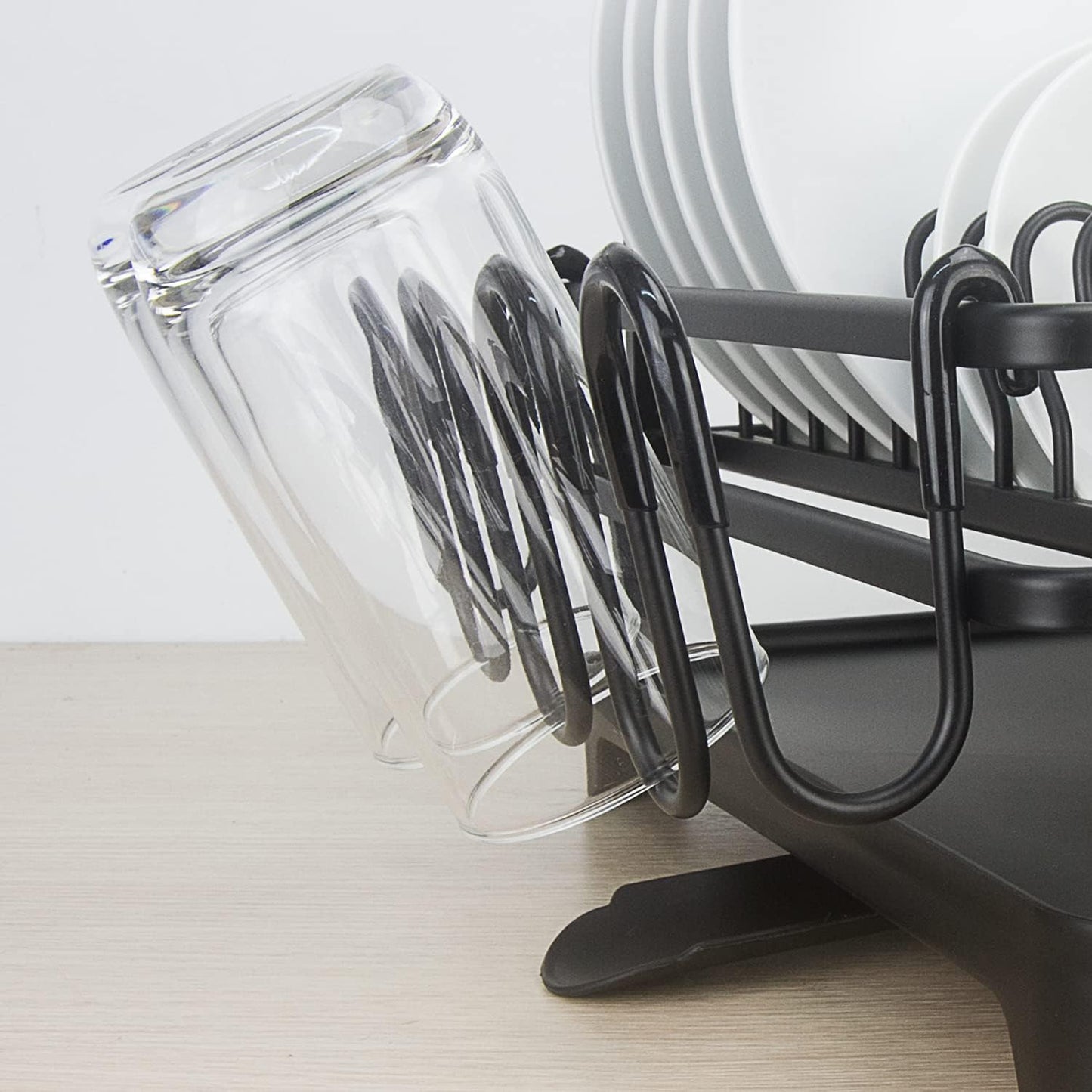 Evelyne GMT-10353-A Black Aluminum Dish Drying Rack with Utensil Holder - 2 Tier Kitchen Countertop Rust Proof Dish Rack and Drainboard Set - Large Dish Organizer Rack