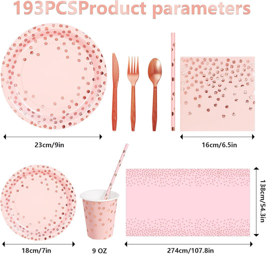 Paper Plates and Napkins Set, 193 Pieces Pink and Rose Gold Party Supplies Includes Paper Plates Cups Napkins Straws and Cutlery for Birthday Wedding Holidays Parties Decorations-24 Guests