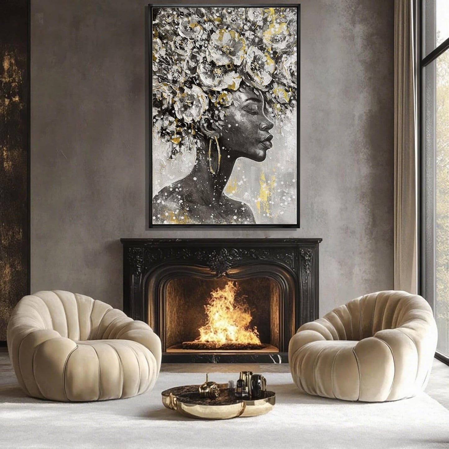 MLART99 Elegant African American Wall Art with Floral Canvas Black Artwork Gold and Black Girl Wall Decor -40x60 Inch Contemporary Print for Living Room Entryway