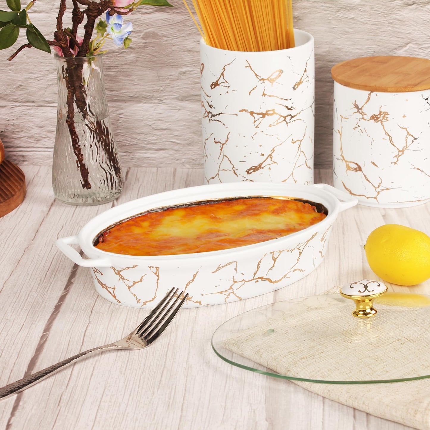 12" x 8" Ceramic Casserole Baking Dish With Glass Cover, Lasagna Pan Deep for Oven, 1.7 Quarts Baking Pan with Handles, Oven Safe & Durable Bakeware for Home Decor