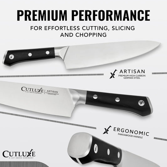 Cutluxe Chef Knife – 8" Kitchen Knife, German High Carbon Steel, Full Tang, Ergonomic Handle Design, Sheath Included – Artisan Series