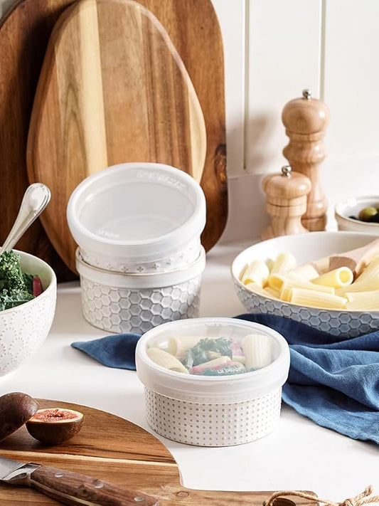 LE TAUCI Ramekins Oven Safe with Lids, 12 oz Ramikin Set for Creme Brulee, Souffle, Dipping Sauce, Onion Soup, Ceramic Food Storage Container - 5 inch, Set of 4, Arctic White