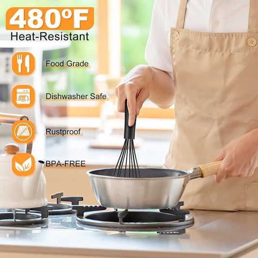 Silicone Whisk,Heat Resistant Non Scratch Whisks Set of 3,Stainless Steel & Silicone Wisk for Cooking,Kitchen Whisk For Nonstick Cookware,Balloon Egg Whisk Perfect for Blending,Beating,Frothing-Black