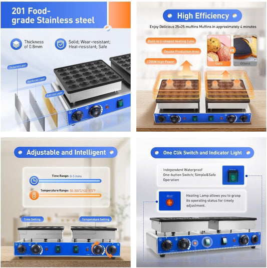 50 Holes Mini Dutch Pancakes Maker,Mini Dutch Pancake Baker,Nonstick Waffle Maker Machine,Electric Pancake Maker for Restaurants Household 110V…