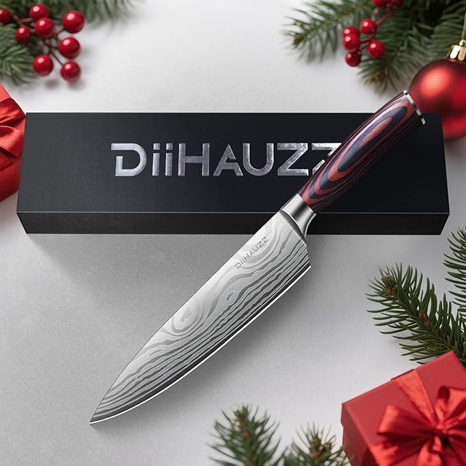Chef Knife, 8 Inch Kitchen Knife, Ultra Sharp High Carbon Stainless Steel for Professional and Home Chefs with Ergonomic Handle, Roll Forged Utility Knife with Sheath and Gift Box