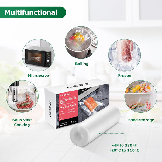 FRESKO 8"x20' Vacuum Sealer Bags for Food, 2 Rolls Customized Size Storage Bags with BPA Free, Heavy Duty Food Bags for Meal Prep and Sous Vide Cooking