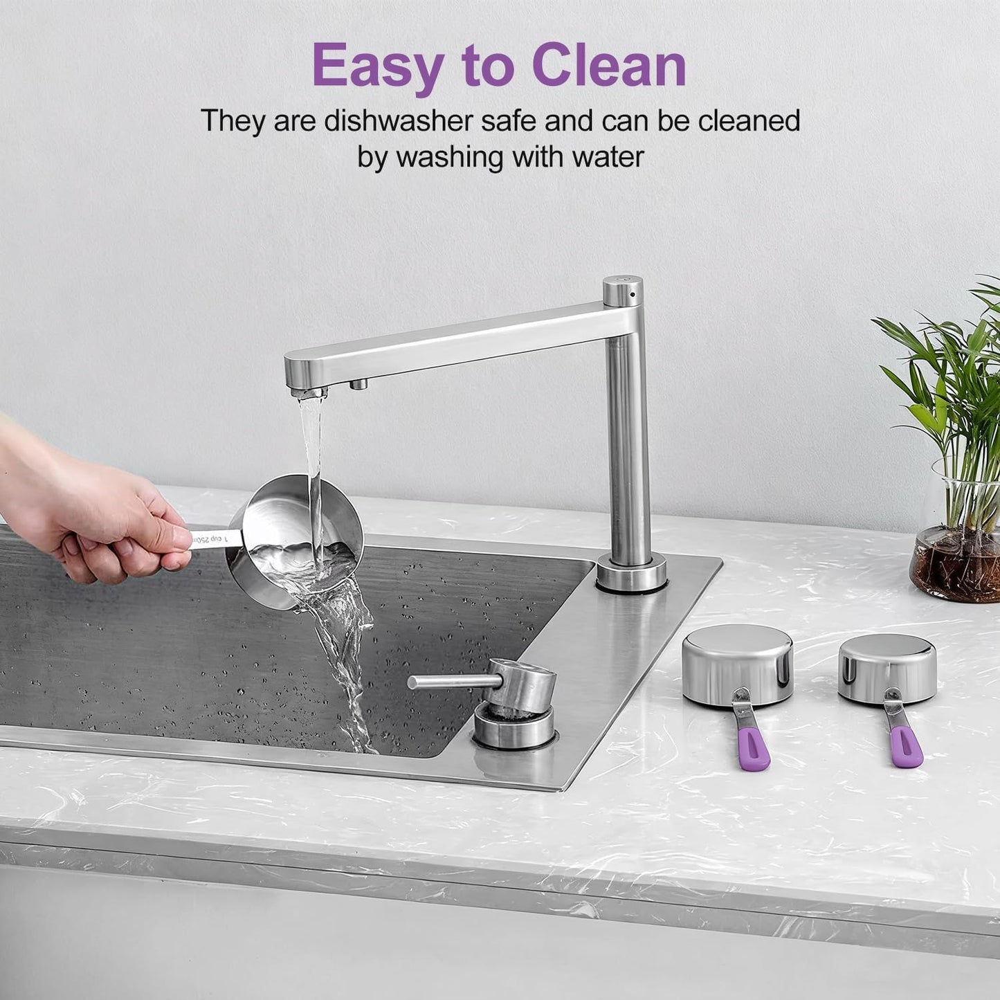 Measuring Cups and Spoons Set, Stainless Steel 10 Piece for Cooking and Baking (5 Cups + 5 Spoons, Purple Handle)