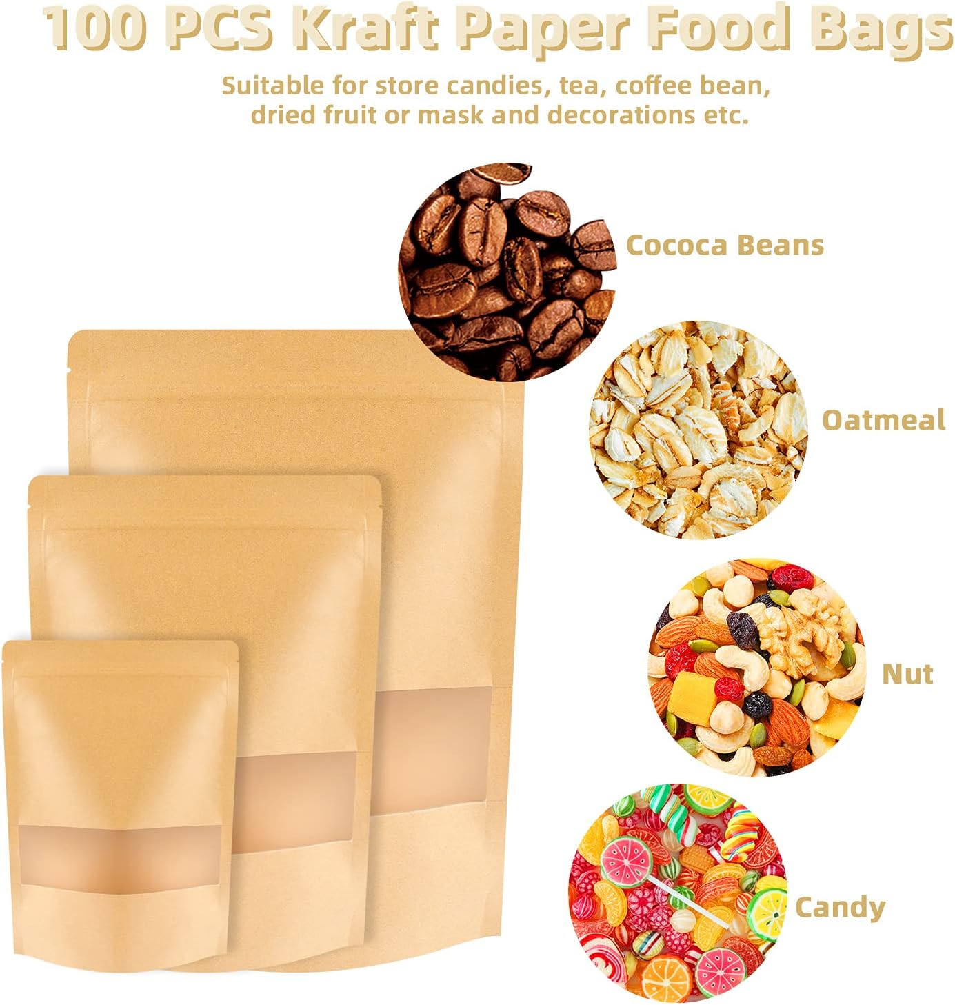 100 Pcs Kraft Stand Up Pouches 5.5 x 7.9 Inch Resealable Zip Lock Food Storage Bags with Matte Window for Packaging