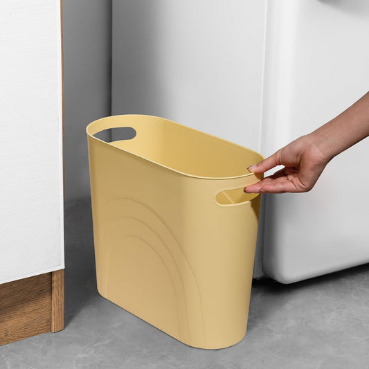 rejomiik Small Trash Can, 3.5 Gallon Slim Garbage Can Plastic Waste Basket with Handles Container Bin for Narrow Spaces Bathroom, Bedroom, Kitchen, Office at Home, Yellow