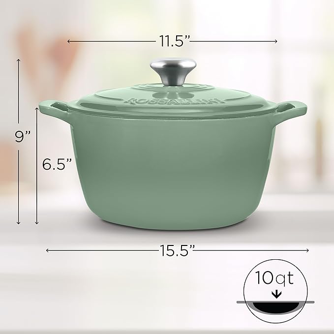 Signature Enameled Cast Iron Dutch Oven, Non-Stick Serving Pot with Tight Fitting Lid for Perfect Roasting, Baking, Sauteing, and Bread Making | 10Q (9.5L) - Sage