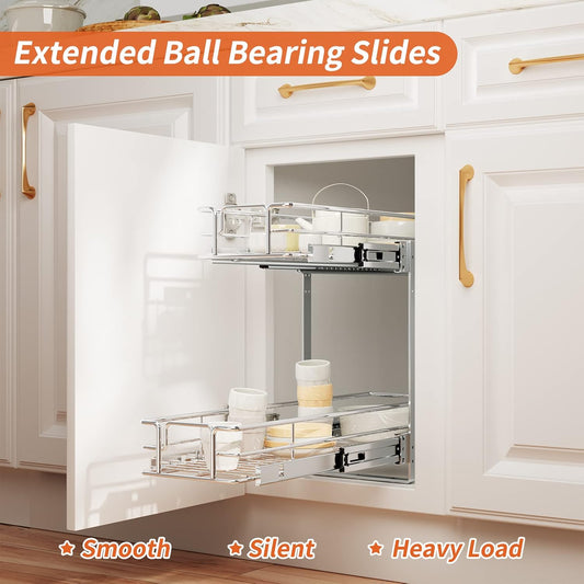 ROOMTEC Individual Pull Out Cabinet Organizer (7½"W x 21½"D), 2 Tier Spice Rack Organizer for Cabinet, Slide Out Drawer Pantry Shelf Organization and Storage for Kitchen Bathroom