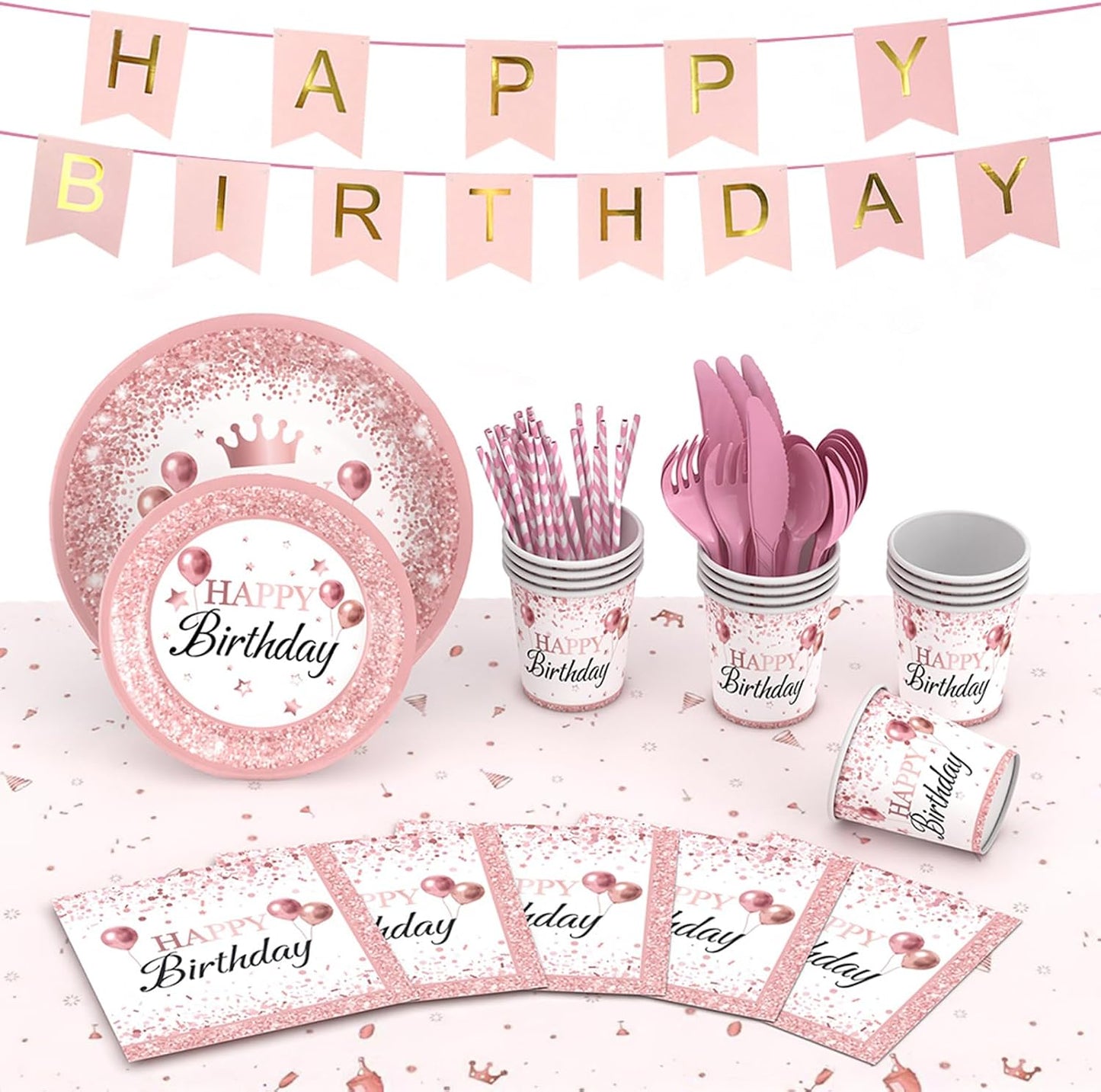 212Pcs Pink Rose Gold Plates Napkins Birthday Party Supplies Disposable Birthday Dinnerware Set,Girls Birthdays Party Plates Pink Sets With Banners Cups Forks knives Spoons Tablecloth Balloon Serve 24