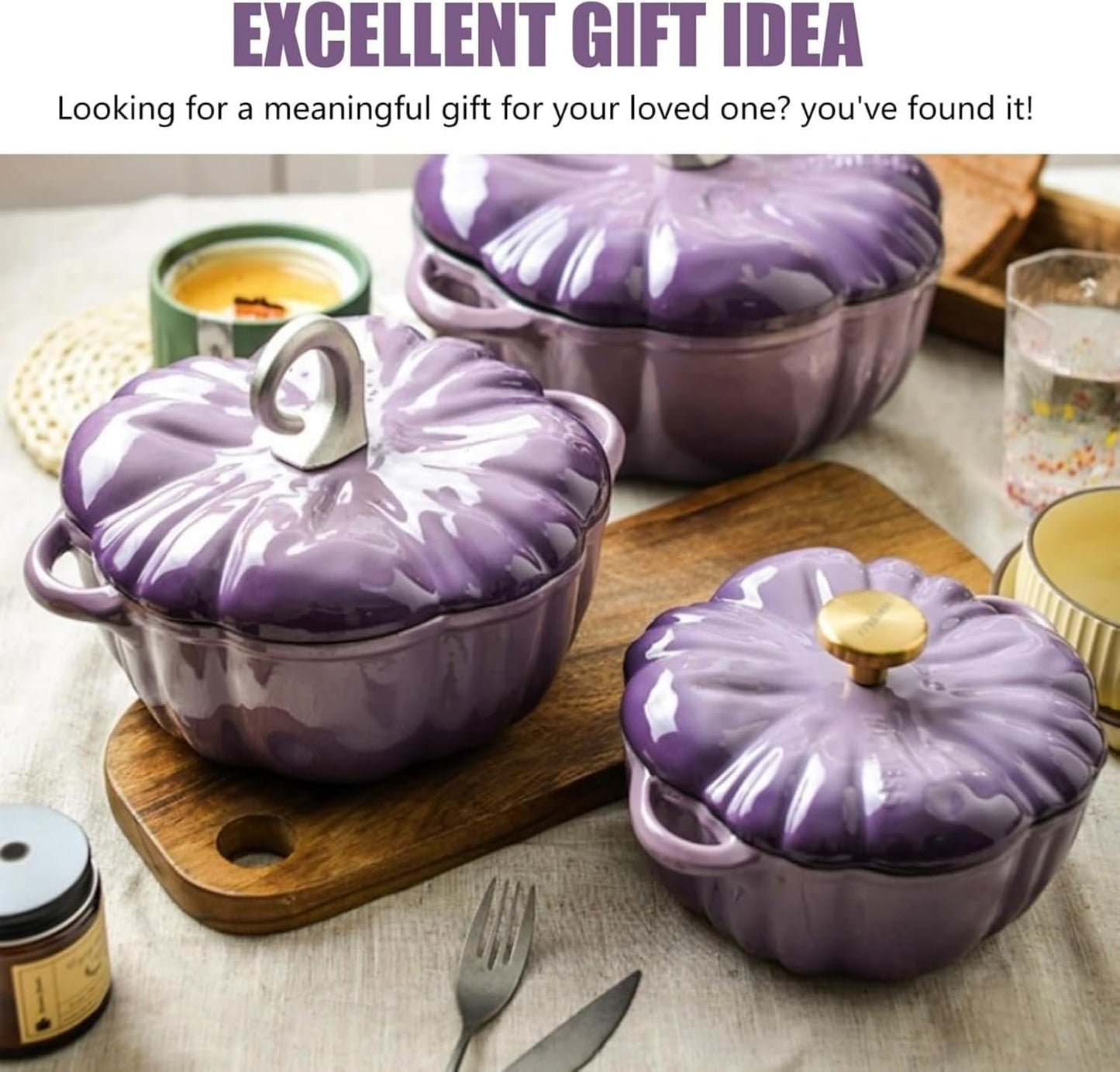 Enameled Cast Iron Pumpkin Dutch Ovens, Pumpkin Dutch Oven with Lid Covered Stockpot, 4-Quart Enameled Cast Iron Pot, Holds 2-3 Servings, Non-Stick, for All Stovetops (Orange Set B, L 7.9in)