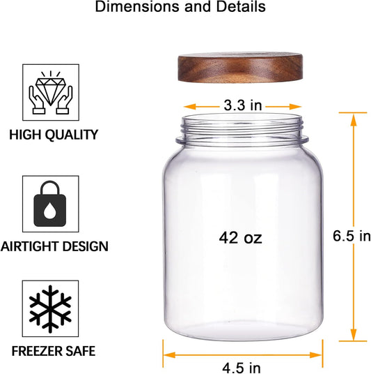 42 Fluid Ounces Unbreakable & Dishwasher Safe Plastic Apothecary Jar with Wooden Airtight Screw Top Lid, Food Storage Canister for Sugar, Tea, Spices, Coffee, Cookie, Candy Containers