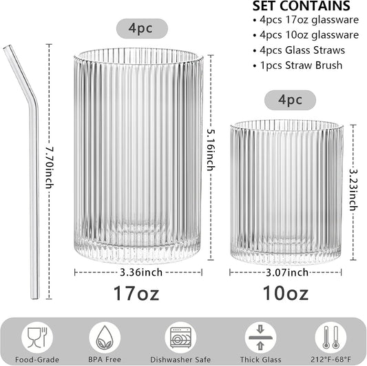 INSETLAN Set of 8 Ribbed Glassware - 4 Large Glasses 17 oz, 4 Rocks Glass Cups 10 oz, Vintage Glassware Cocktail Glasses, Ideal for Beer, Juice, Water, Ice Coffee Cup, Whiskey, Mixed Drinkware