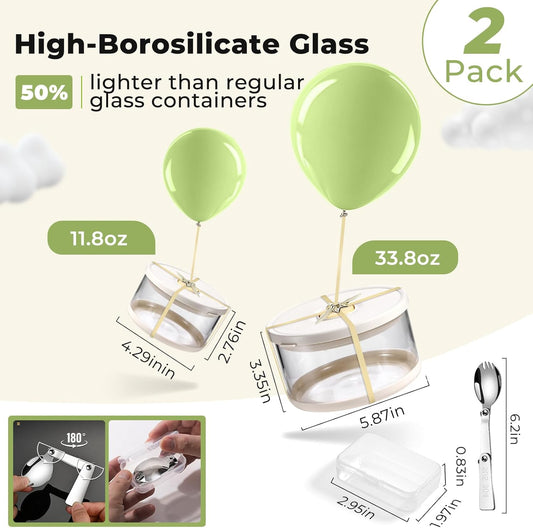 Glass Food Storage Containers with Airtight Lids, 33.8oz & 11.8oz High-Borosilicate Glass Meal Prep Containers with Spork, Bento Lunch Boxes for Salad, Ramen, Soup, Fruit - 2 Pack, White