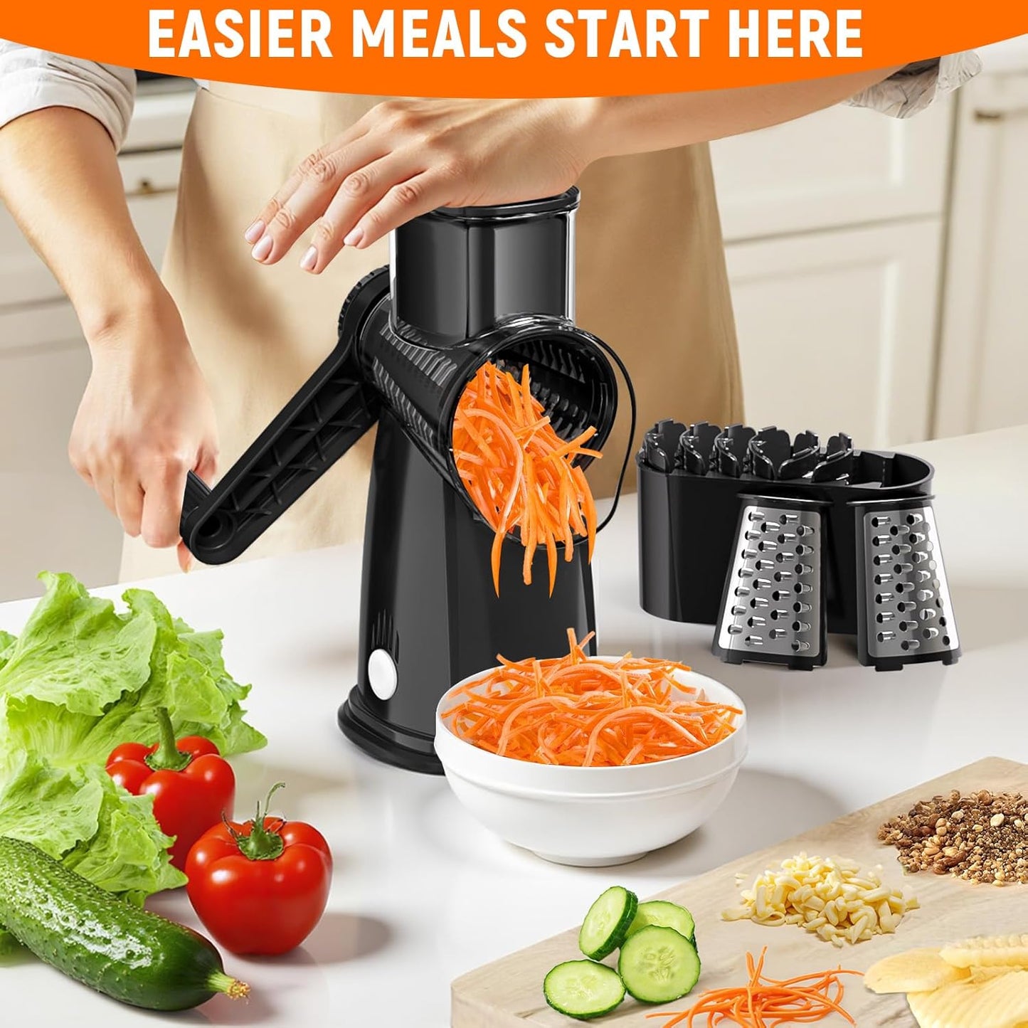 Rotary Cheese Grater Hand Crank with 5 Interchangeable Blades, Vegetable Chopper Spiralizer Slicer for Fruit Vegetable Nuts, Mandoline Slicer for Kitchen with Blades Rack & Suction Base, Black