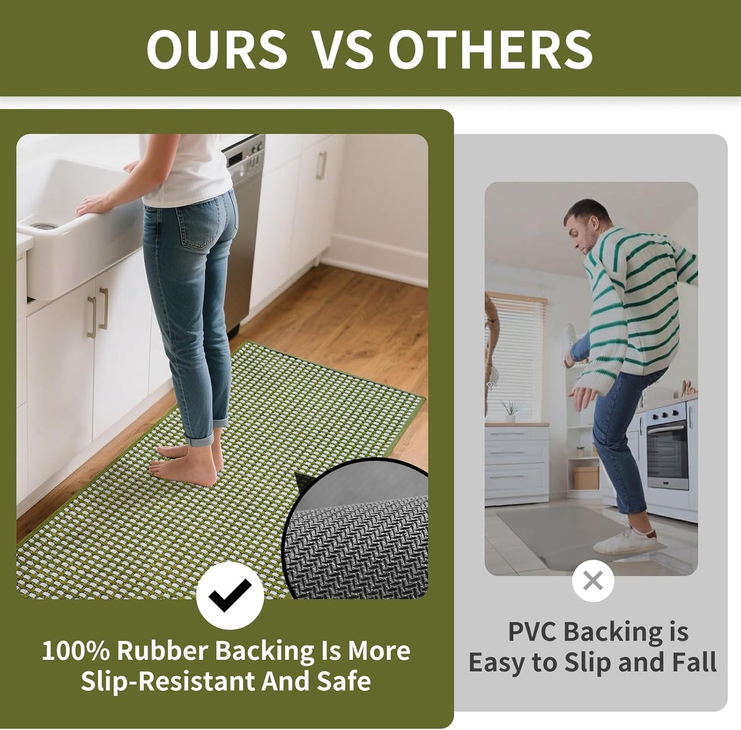 Kitchen Mats for Floor, Super Absorbent Kitchen Rugs Non Slip Washable, Rubber Backing Soft Chenille Braided Kitchen Runner Rug Standing Mat Sink Mat, Easy to Clean, Green 17"x28"