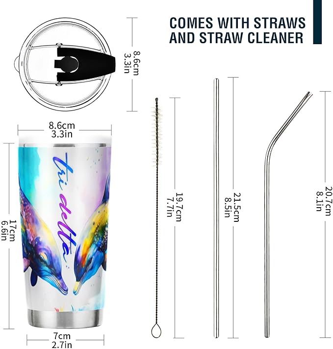 Tri Delta Sorority Paraphernalia - Official Vendor - 20 oz Stainless Steel Insulated Sublimation Tumblers - Dolphins Rainbow